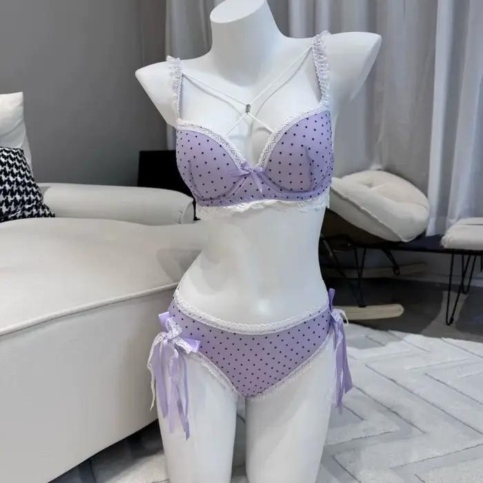 Ensemble soutien-gorge et culotte en dentelle à pois, avec nœuds en forme de cœur, lingerie sexy, soutien-gorge push-up pour femme et jeune fille