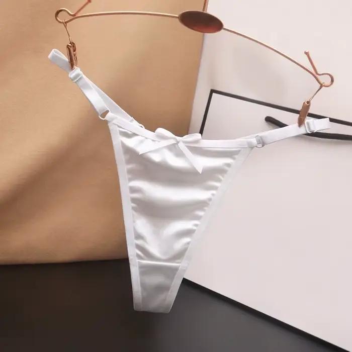 String ajustable taille basse en satin transparent avec nœud, culotte brodée transparente, lingerie féminine, culotte romantique en T pour femme