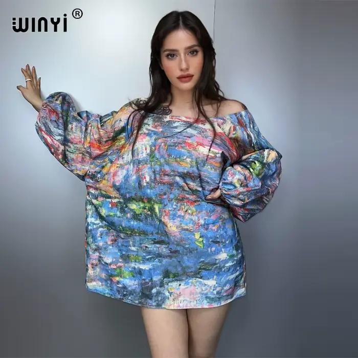 WINYI Originálna potlač bublinkové rukávy džínsové šaty móda Afrika ženy dovolenka ležérne Maxi plážové