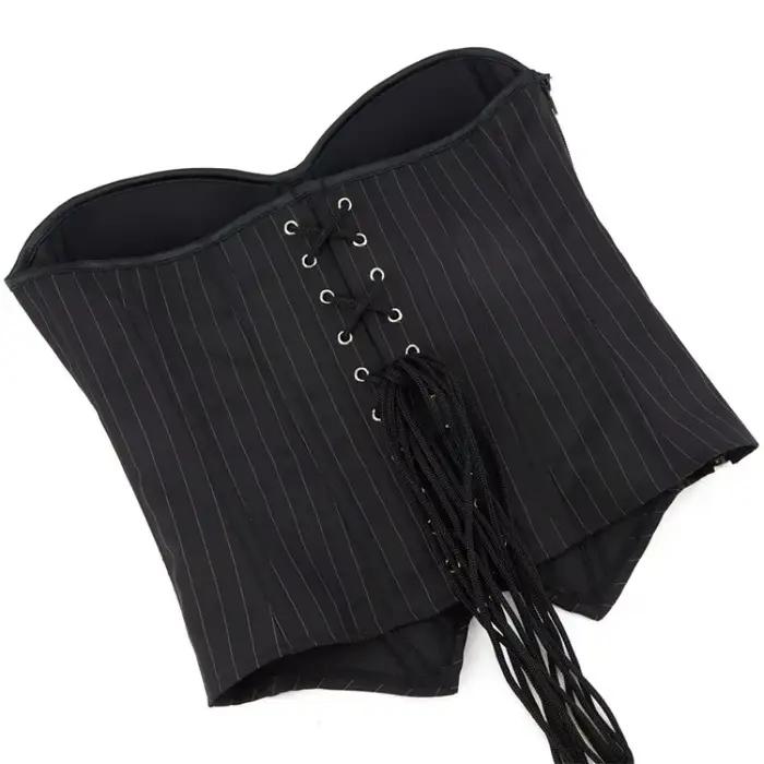 Corset Overbust avec Soutien-Gorge pour Femme, Noir, Rayé, à Lacets, en Plastique, Désossé, Haut, Fermeture Éclair, Sexy