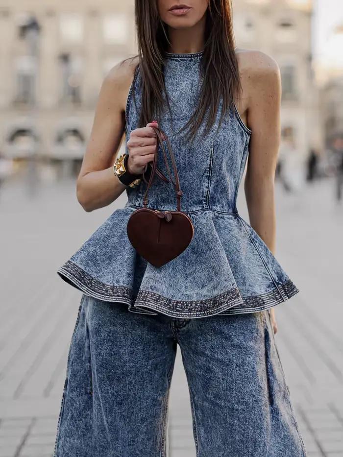 TWOTWINSTYLE Dvojdielny džínsový set s vrstvenými záhybmi pre ženy
