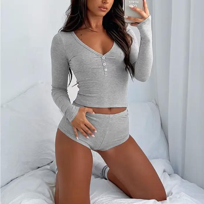 Ensemble pyjama 2 pièces pour femmes, manches longues, col en V, boutonné, hauts courts, Sexy, Y2k, moulant, vêtements de détente