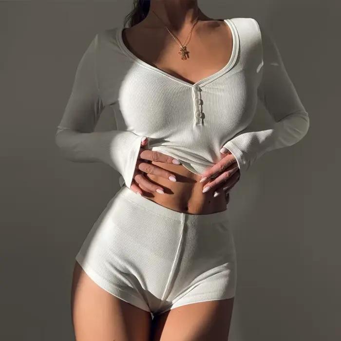 Ensemble pyjama 2 pièces pour femmes, manches longues, col en V, boutonné, hauts courts, Sexy, Y2k, moulant, vêtements de détente