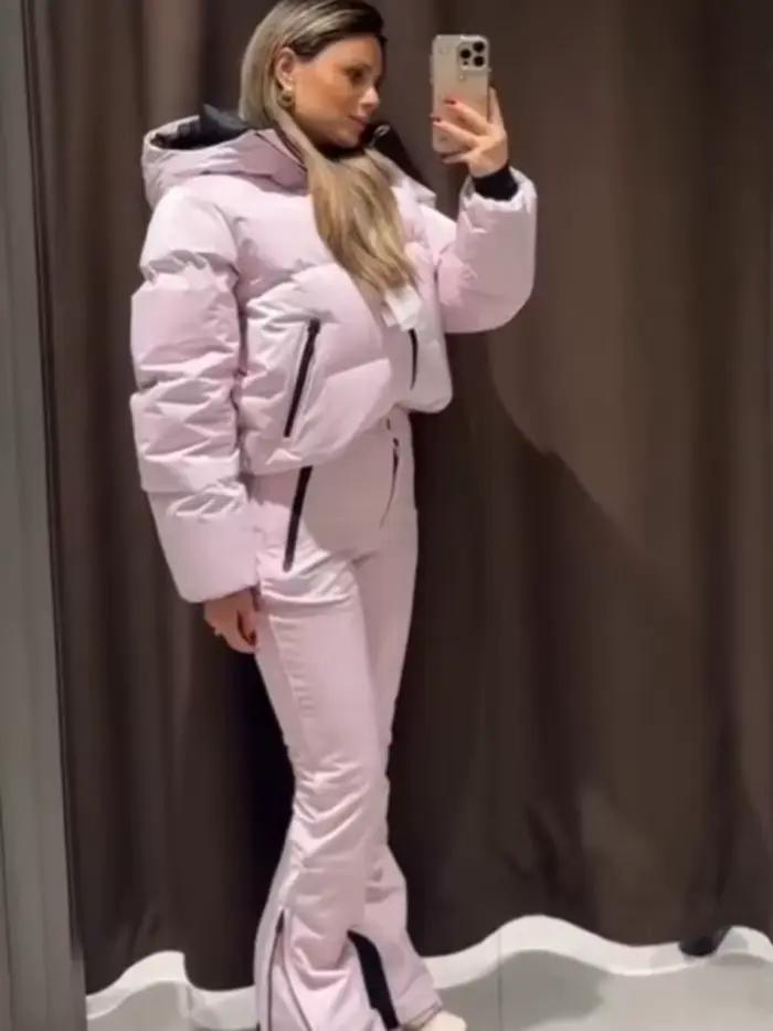 HH Dámska móda vrecko zips dlhé rukávy s kapucňou lyžiarska bavlna vypchávka šnúrka bunda + vysoký pás ležérny