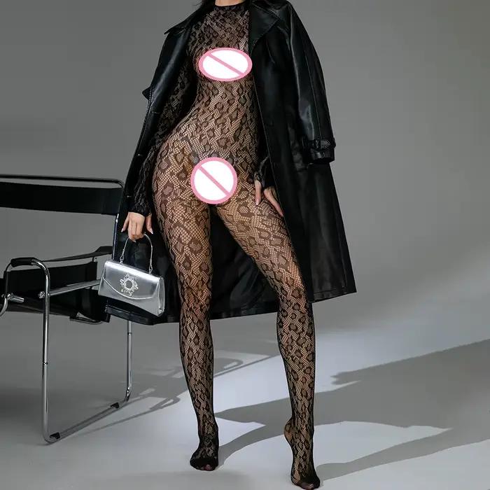Femmes Lingeries Léopard Vintage Mode À Lacets Costumes Noir Sexy Slim Body Combinaison Streetwear À Manches Longues Dos Nu Moulante