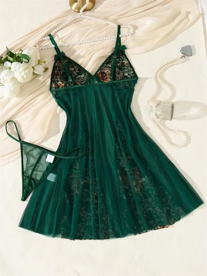 Pyjama pour femmes, vert foncé, en maille, vêtements de nuit, dentelle, nœud, robe de nuit, col en V, bretelles spaghetti, sans manches, mini robe de nuit