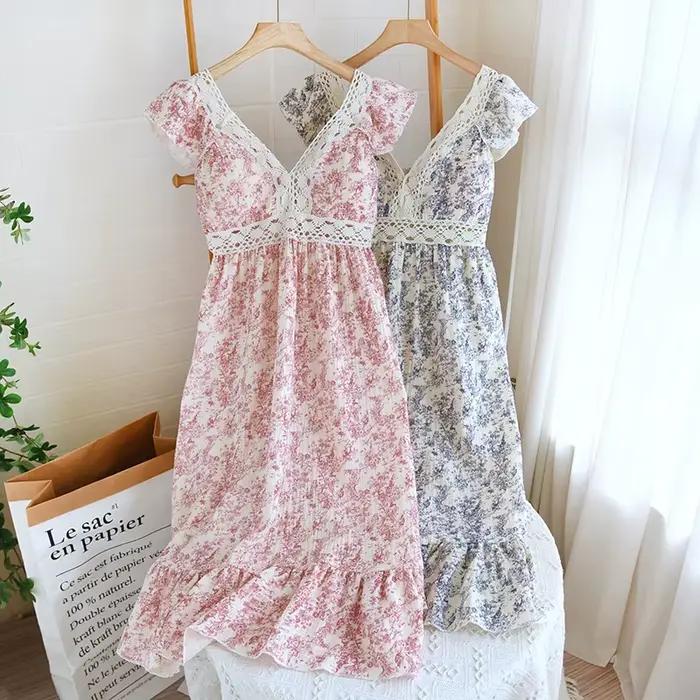 Robe de nuit en fibre de coton pur pour femmes, vêtements de nuit à col en V, vêtements de nuit pour la maison, pyjama d'été
