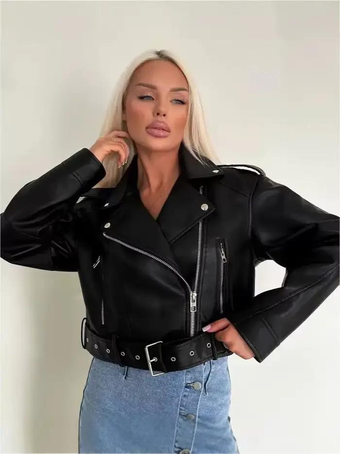 Dámska vintage voľne strihaná umelá kožená bunda krátka streetwear so zipsom a opaskom retro moto biker kabát