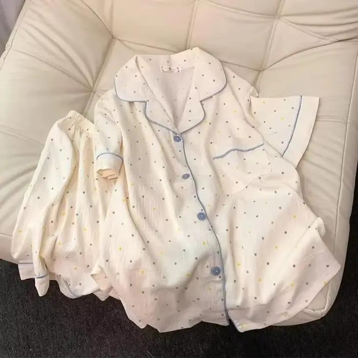 Pyjama imprimé à pois pour femmes, ensemble de pyjama en coton, haut et short, ensemble 2 pièces, tenue décontractée et confortable pour la maison, tenue douce