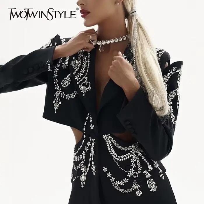 TWOTWINSTYLE Dierový patchwork diamantový blazer pre ženy s výstrihom