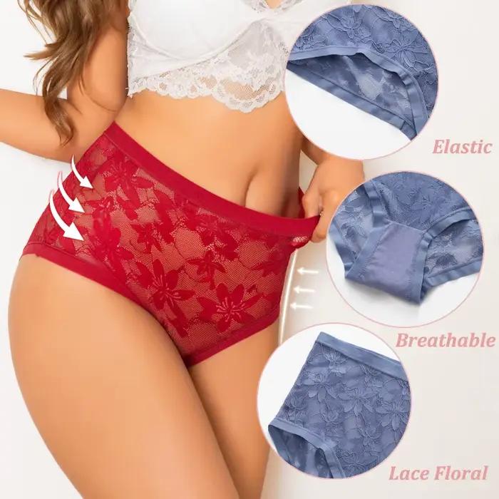 FINETOO Lot de 4 culottes taille haute en dentelle florale pour femme, couleur unie, respirantes, confortables, lingerie transparente