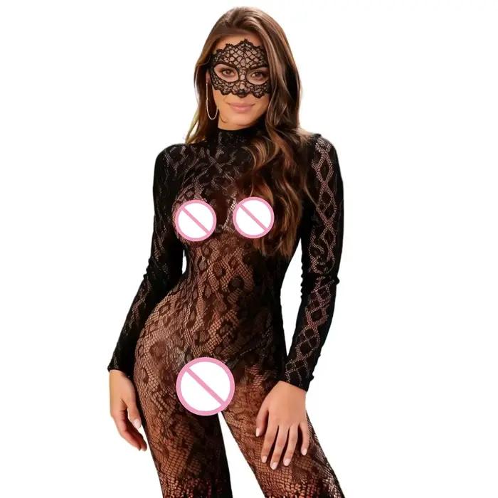 Femmes Lingeries Léopard Vintage Mode À Lacets Costumes Noir Sexy Slim Body Combinaison Streetwear À Manches Longues Dos Nu Moulante