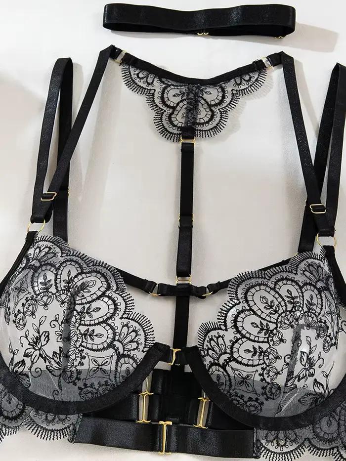 Ensemble de lingerie sculptante cinq pièces Belamimi 2026 pour femme, sexy, transparent, brodé, en dentelle à cils, collection érotique Onlyfan