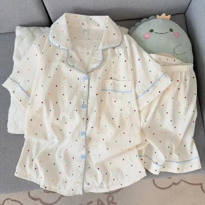Ensemble pyjama en coton imprimé à pois pour femmes, haut à manches courtes et short, 2 pièces, décontracté, confortable, vêtements de nuit imprimés