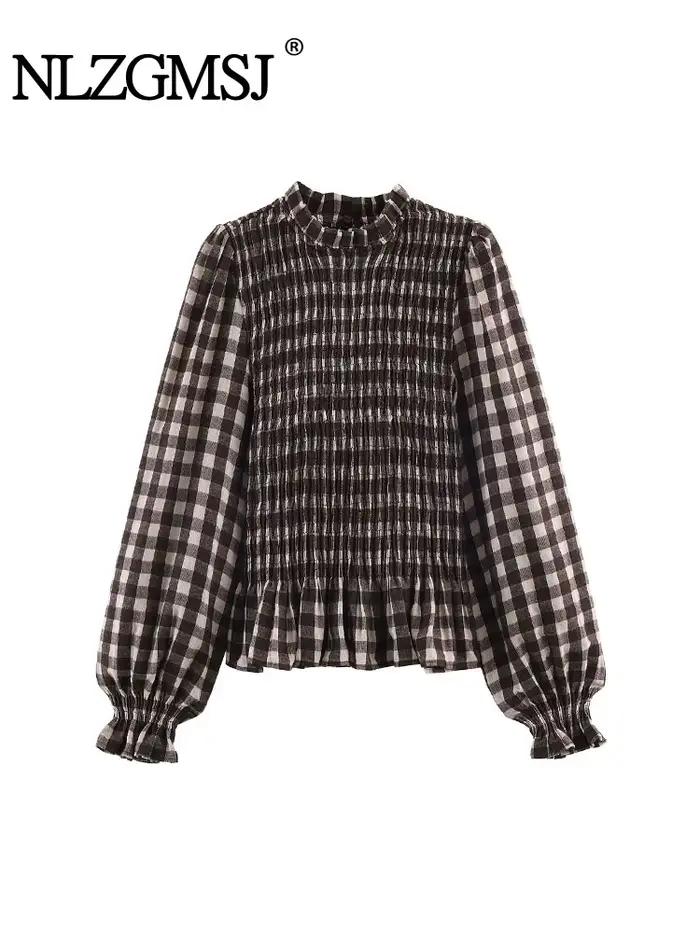 Nlzgmsj 2025 Vintage Chic hnedá kockovaná košeľa pre ženy s dlhým rukávom Blúzka s riasením ležérny elegantný top