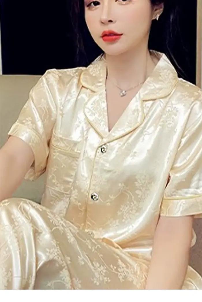 Conjuntos De Pijama nouveau Satin De soie vêtements De nuit femmes pyjama ensembles revers manches courtes chemise pantalon costume mode maison vêtements