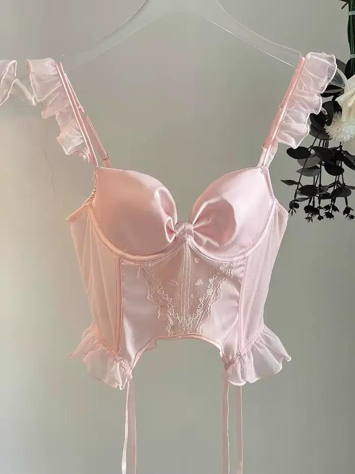 Rose femmes intimes soutien-gorge à armatures et tongs dames ensemble de sous-vêtements bouton arrière Push-Up Lingerie