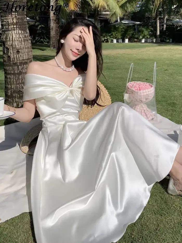 Horetong mašlička výstrih šaty Sexy leto ženy víla biela elegantná áčková línia midi