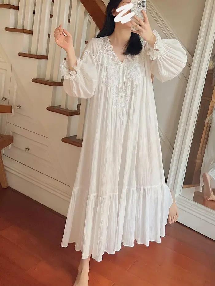 Robe longue de style français pour femme, chemise de nuit en dentelle, nouvelle mode printemps-automne, robe de nuit ample