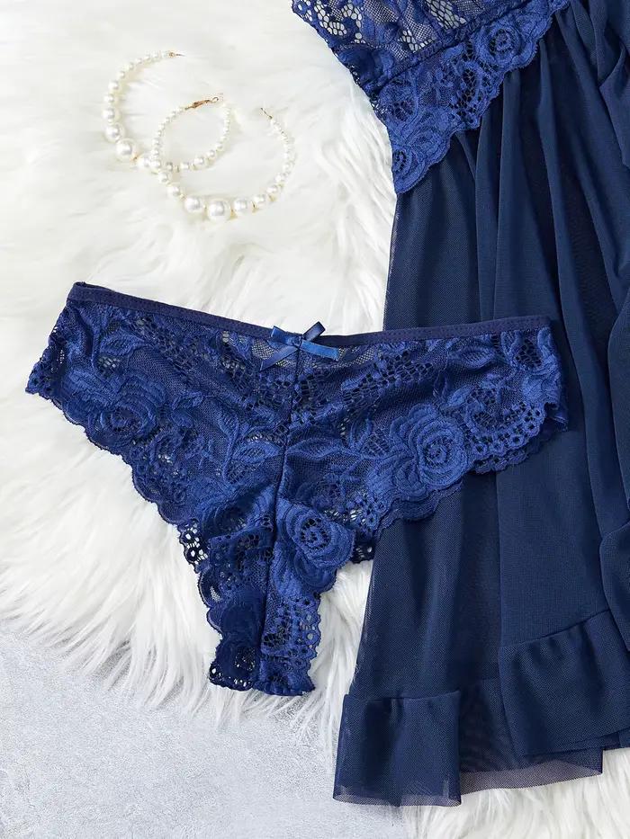 Ensemble de lingerie transparente bleue pour femmes, sous-vêtements, vêtements de nuit, robe de nuit en dentelle et culotte, pyjama, nuisette féminine