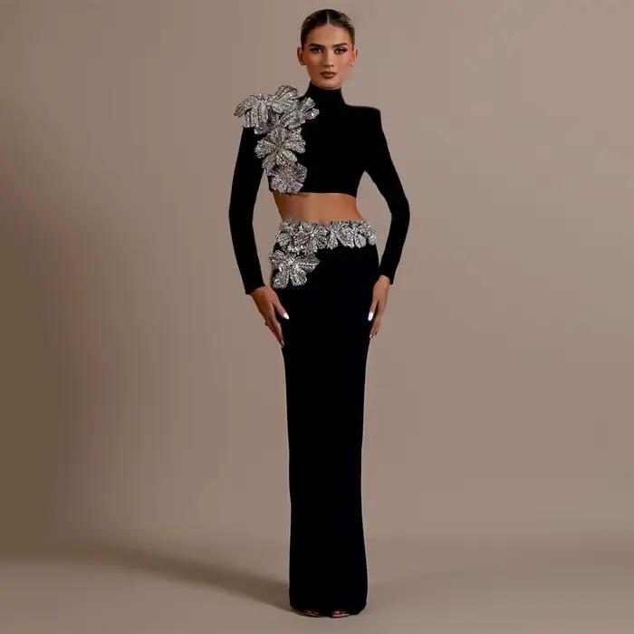 Ensemble deux-pieces sexy en diamants et polyester pour femmes, ideal pour les parties et les evenements formels automne-hiver