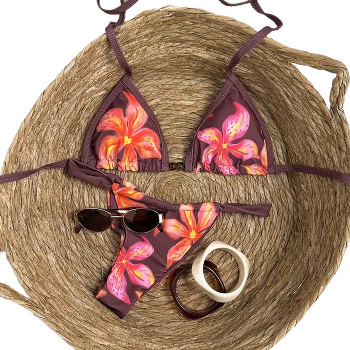 Micro bikini sexy bleu ciel à imprimé floral 2026 pour femme, avec soutien-gorge push-up et string plissé, maillot de bain de plage et de vacances