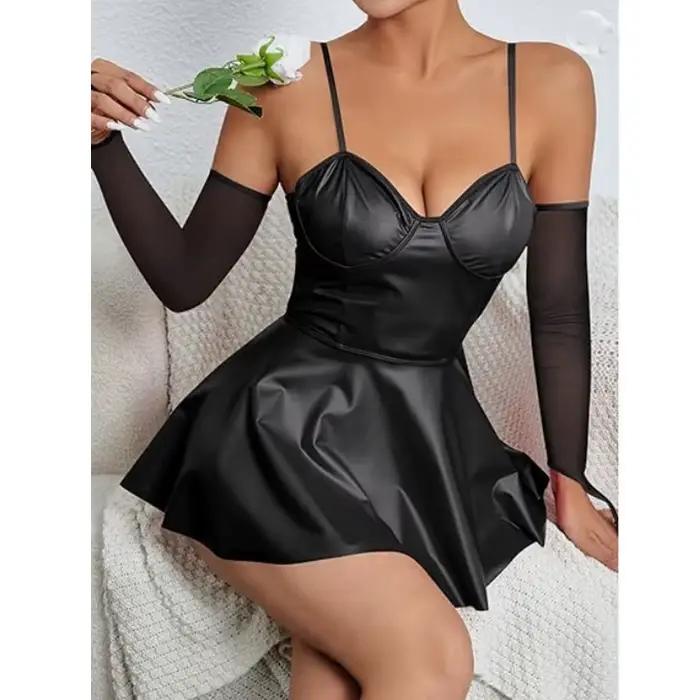 Veľká veľkosť pre ženy Sexy Wetlook kožené šaty s lesklými ramienkami Latex erotické