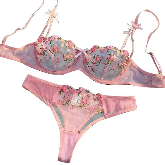 Ensemble de lingerie transparent rose avec broderie florale pour femmes occasions spéciales