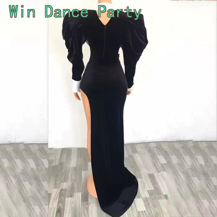 Body Sexy en velours noir à grandes manches, 2 pièces, jupe longue à queue, tenue de danse pour célébration d'anniversaire, Costume de soirée de chanteur pour femmes