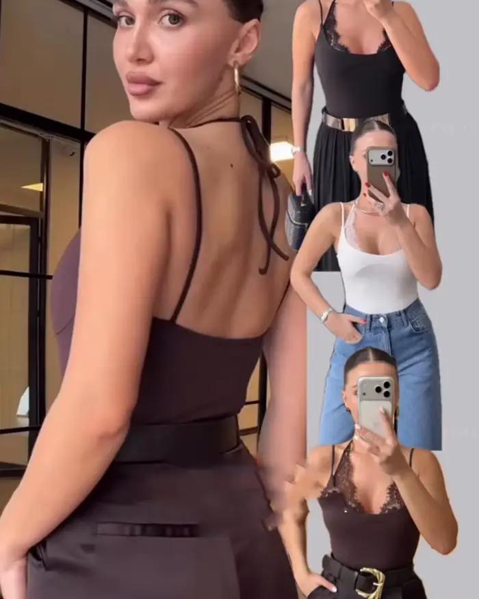 Body Femme 2026 Nouvelle Collection Été Noir Élégant Chic Personnalité Bretelles Fines avec Dentelle
