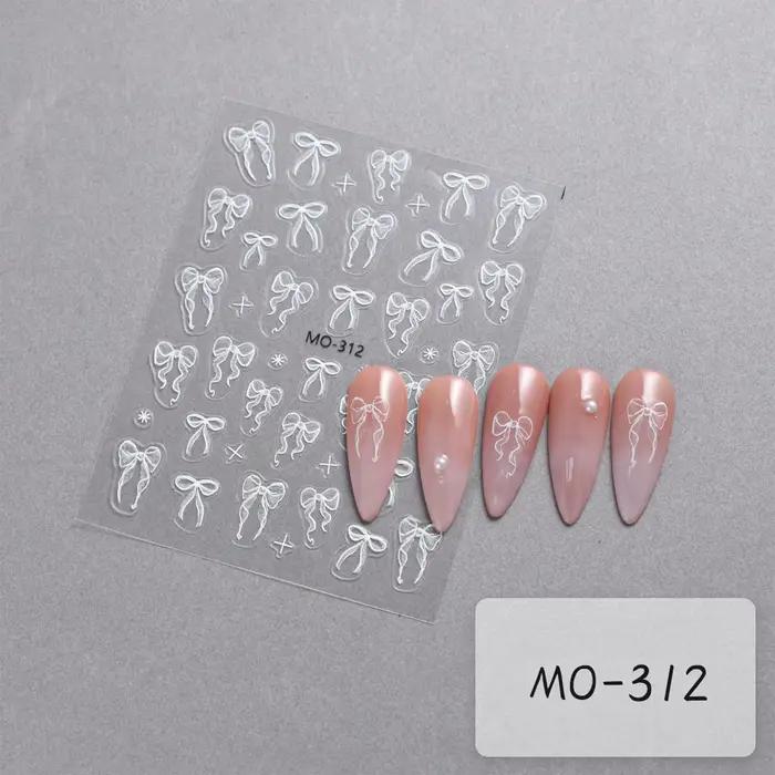 3D reliéfne biele mašličkové nálepky na nechty