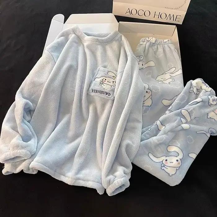 Pyjama d'hiver chaud en flanelle et velours corail pour fille, motif Cinnamoroll, Kuromi, My Melody, style anime kawaii 2026