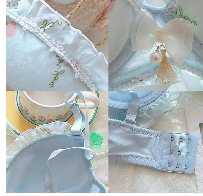 Ensemble de lingerie fraise douce pour femmes, grande taille, mignon, imprimé de dessin animé japonais, bralette sans anneau en acier, micro rassemblement, sous-vêtements