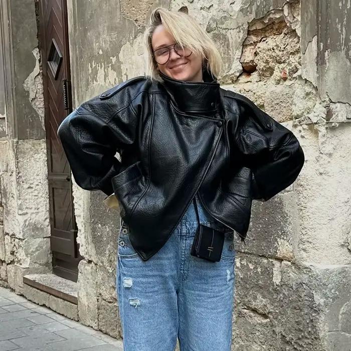 MUJER čierna imitácia koženej bundy pre ženy