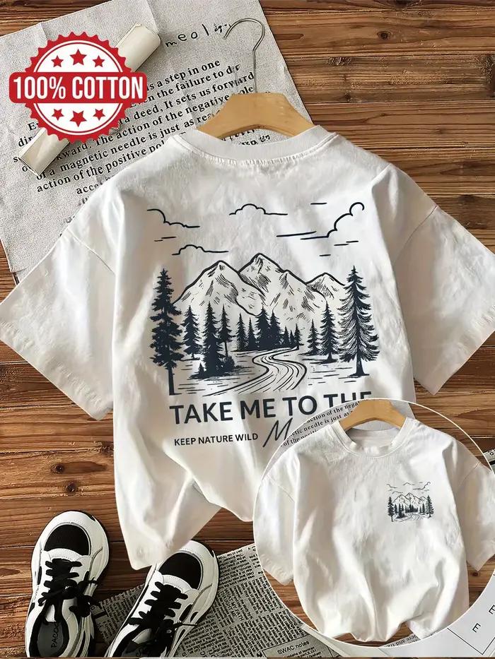 100% bavlnené tričko pre ženy s horskou krajinou a nápisom „Take Me To The Wild“ – ležérne