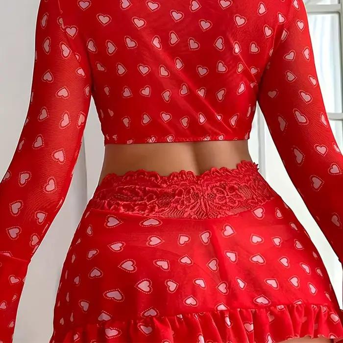 Toucheart 3-dielna priesvitná sexy bielizeň pre ženy červená láska podprsenka sieťovaná patchwork nariasená šnurovaná
