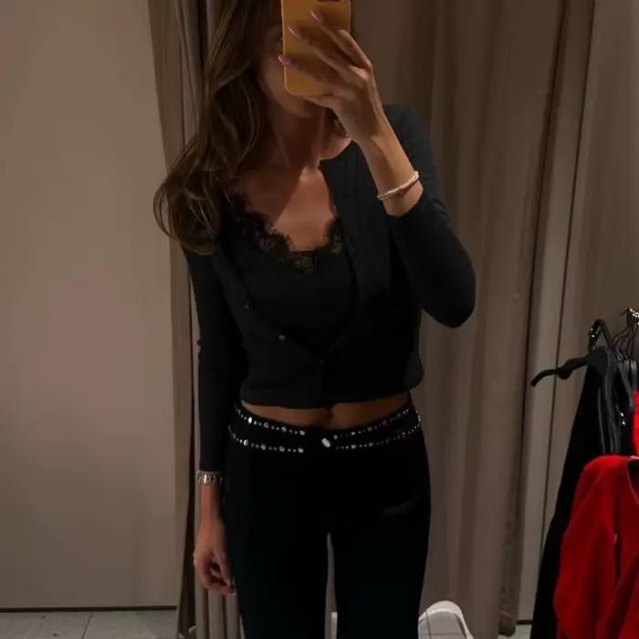 MUJER čipkovaný skrátený kabátik pre ženy Vintage pletený Medzisezónny kabát pre