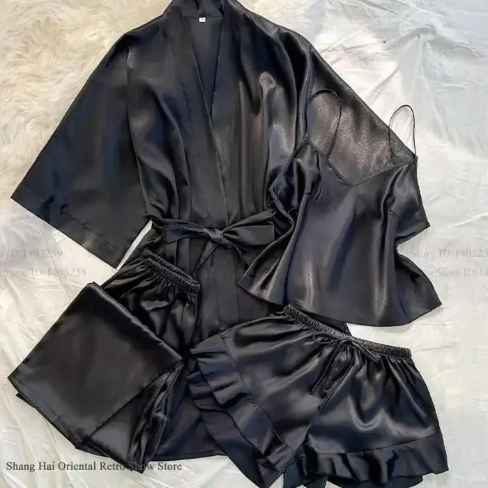 Femmes Pyjamas 4 pièces ensemble printemps été nouveaux vêtements de nuit vêtements de détente Sexy peignoir robe jarretelle Pijamas costume soyeux Satin maison vêtements