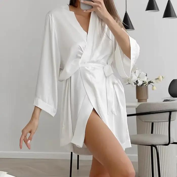 Robe de mariée blanche pour femme, peignoir de matin à manches 3/4, chemise de nuit ample, kimono en satin de soie, lingerie