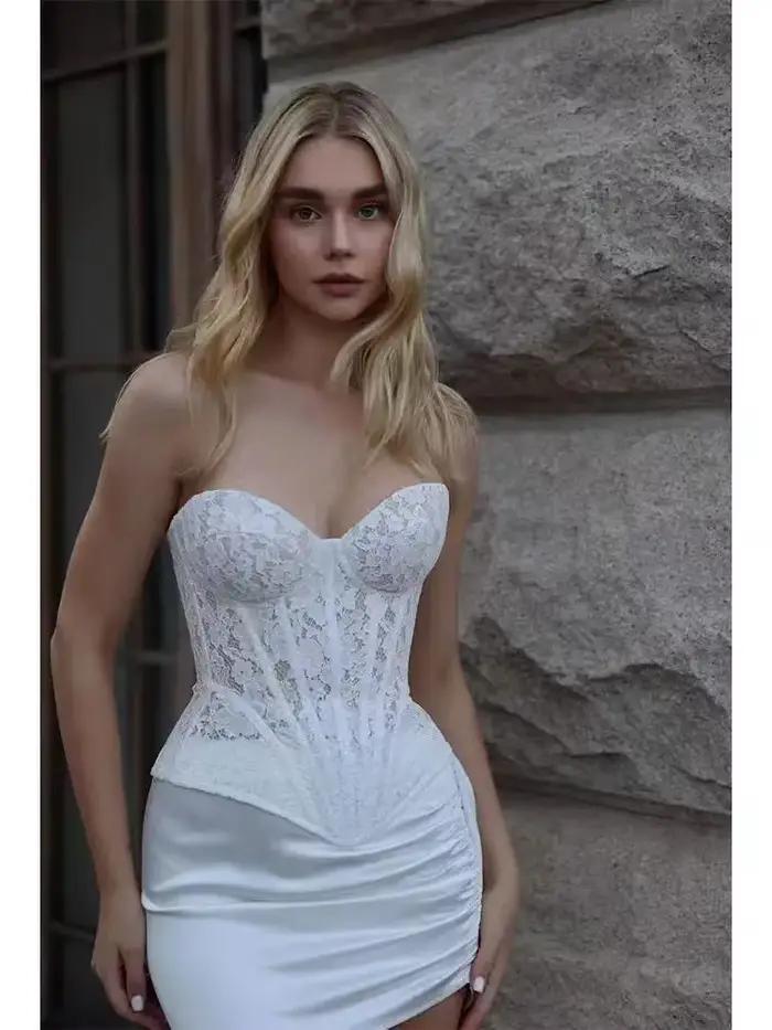 Dámska biela čipkovaná korzetová podprsenka Overbust luxusný živôtik na svadbu Bez ramienok Šnurovací bustier Trubičkový top Trenažér pásu Oceľové kosti