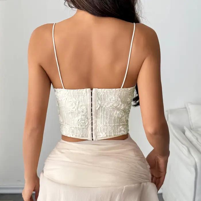 Corset chic pour femme en dentelle 3D rose crème, bretelles spaghetti croisées, bustier pour streetwear et clubwear