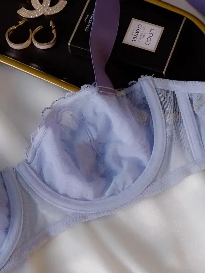 MOYISU Ensemble soutien-gorge et culotte en dentelle bleu porte-bonheur français – Bralette transparente demi-tasse, lingerie sexy ultra fine pour femme, sous-vêtements romantiques