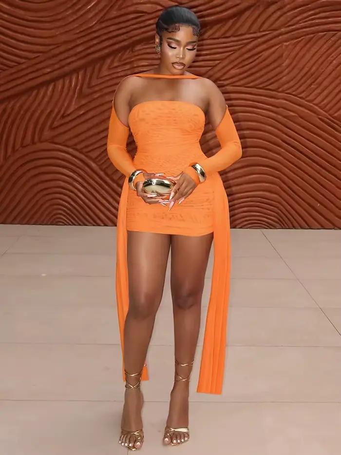 Nibber vacances d'été Sexy voir à travers la robe + châle femmes froncé côté ruban Coquette maigre minuit Clubwear fête moulante