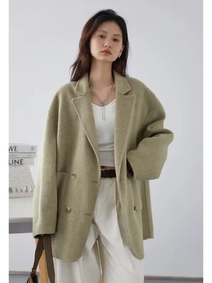 Veste en laine et polyester large pour femmes, avec col rabattu, style bureau, pour automne-hiver, idéale pour le travail et les événements sociaux