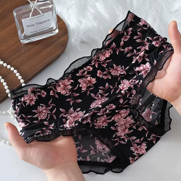Culotte en dentelle soyeuse pour femme, slip grande taille, imprimé lait, sexy, à volants, nœud papillon, sous-vêtement élastique, grande taille