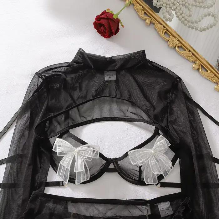 Ellolace Ensembles de Lingerie Transparente pour Femme, Soutien-gorge en Maille, Ceinture et String 3 Pièces avec Bas de Couverture, Tenue Intime Romantique à Nœud Bouffant
