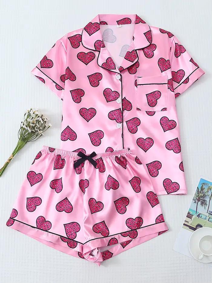 [Saint valentin] Pyjama 2 pièces en satin avec imprimé cœur, short à manches courtes, pyjama pour femme, ensemble de vêtements de détente adapté à un usage domestique