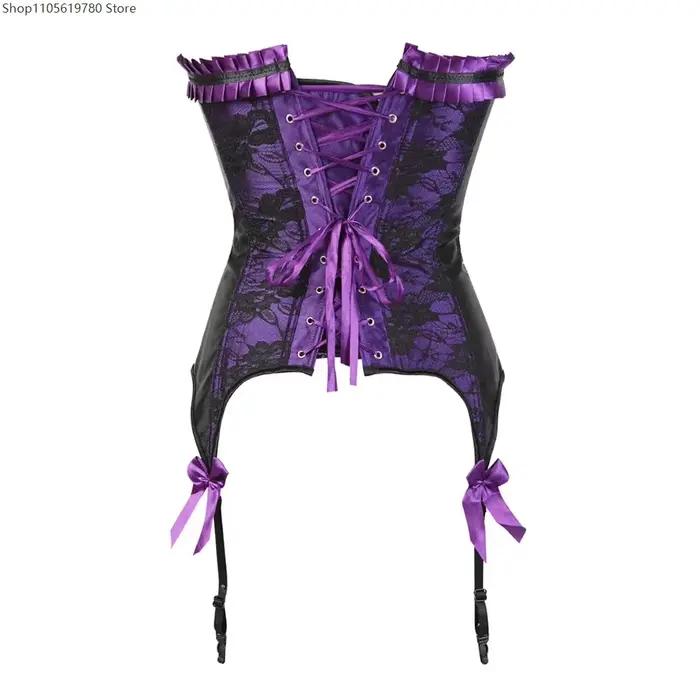Corset bustier à volants pour femme, style vintage, en dentelle et satin, avec nœud et jarretelles, gaine amincissante, tenue de cosplay, scène, fête, performance