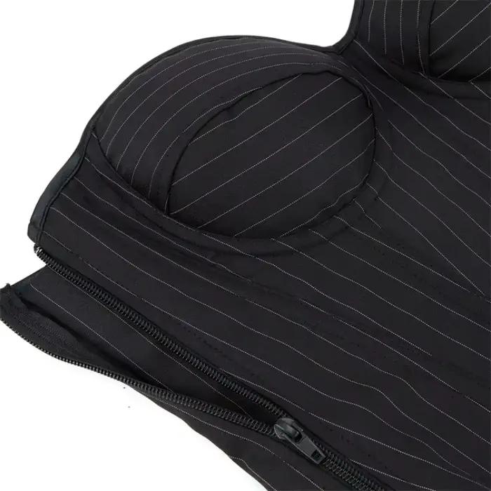 Corset Overbust avec Soutien-Gorge pour Femme, Noir, Rayé, à Lacets, en Plastique, Désossé, Haut, Fermeture Éclair, Sexy