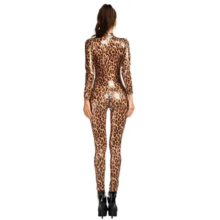 Combinaison moulante pour femme en cuir verni imprimé léopard, à manches longues et fermeture éclair, style catsuit pour soirées et clubs